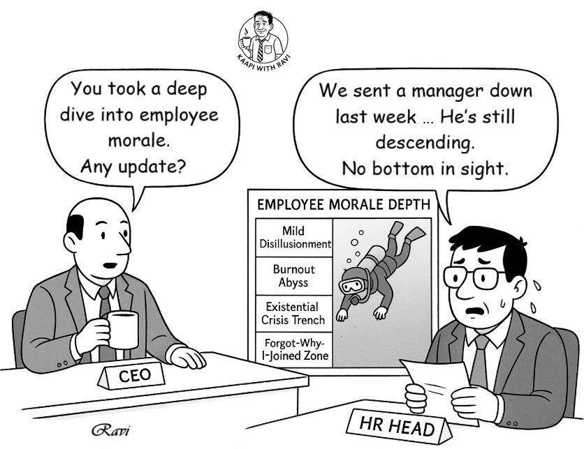 Employee morale cartoon showing a CEO, HR Head, and a diver sinking through levels of burnout and disengagement.
