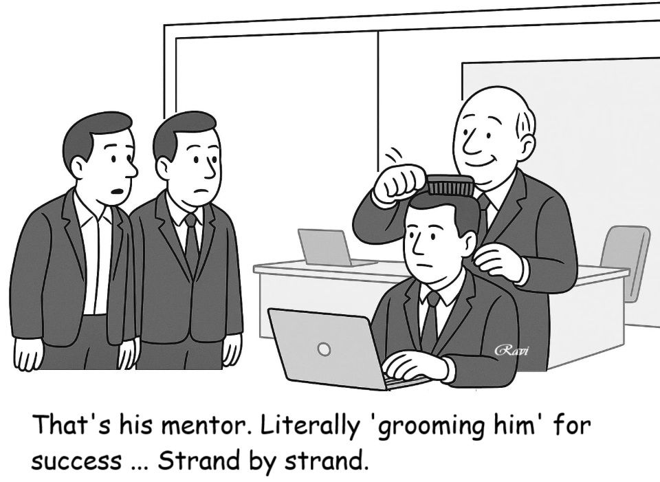 Kaapi with Ravi Corporate Cartoon showing a mentor literally grooming a young mentee's hair. This image illustrates the complex dynamics of mentorship and the line between guidance and micromanagement.