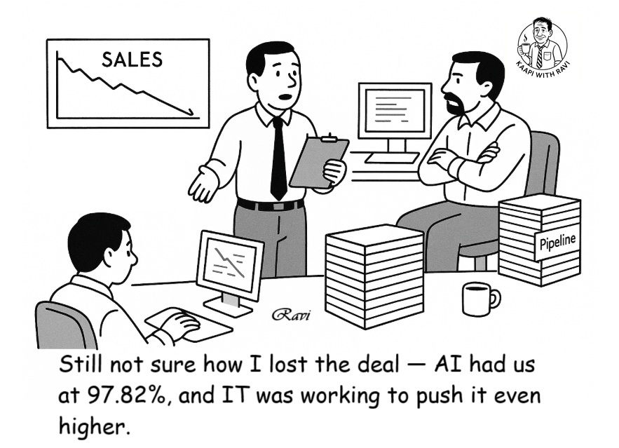 Black-and-white AI sales prediction cartoon showing a rep who lost a deal despite a 97.82% AI win probability and IT attempting to push the odds higher.