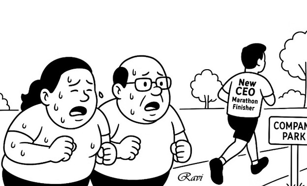 Funny corporate theater cartoon about office optics, perception management, and performative productivity by Kaapi with Ravi.