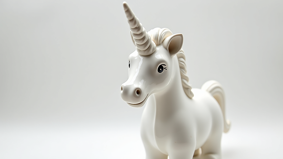 Close-up view of a ceramic resin unicorn sculpture ready for painting