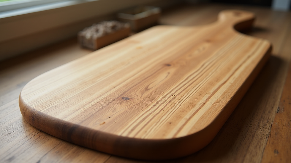 Close-up view of a handcrafted wooden bread board with natural grain patterns