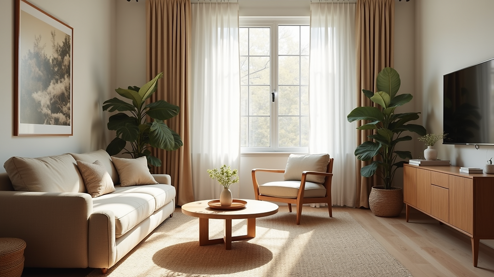 Eye-level view of a cozy living room with sustainable furniture