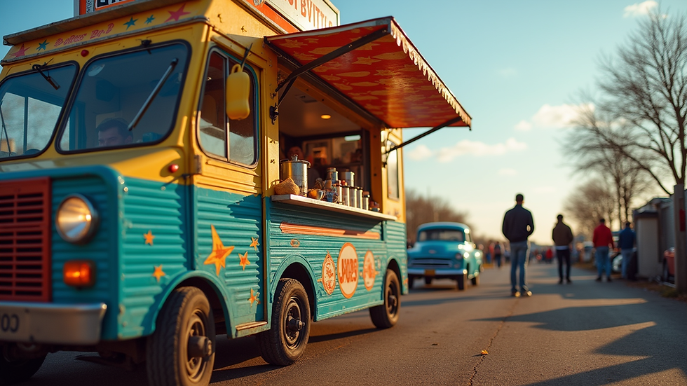 Eye-level view of a colorful food truck parked at a local event