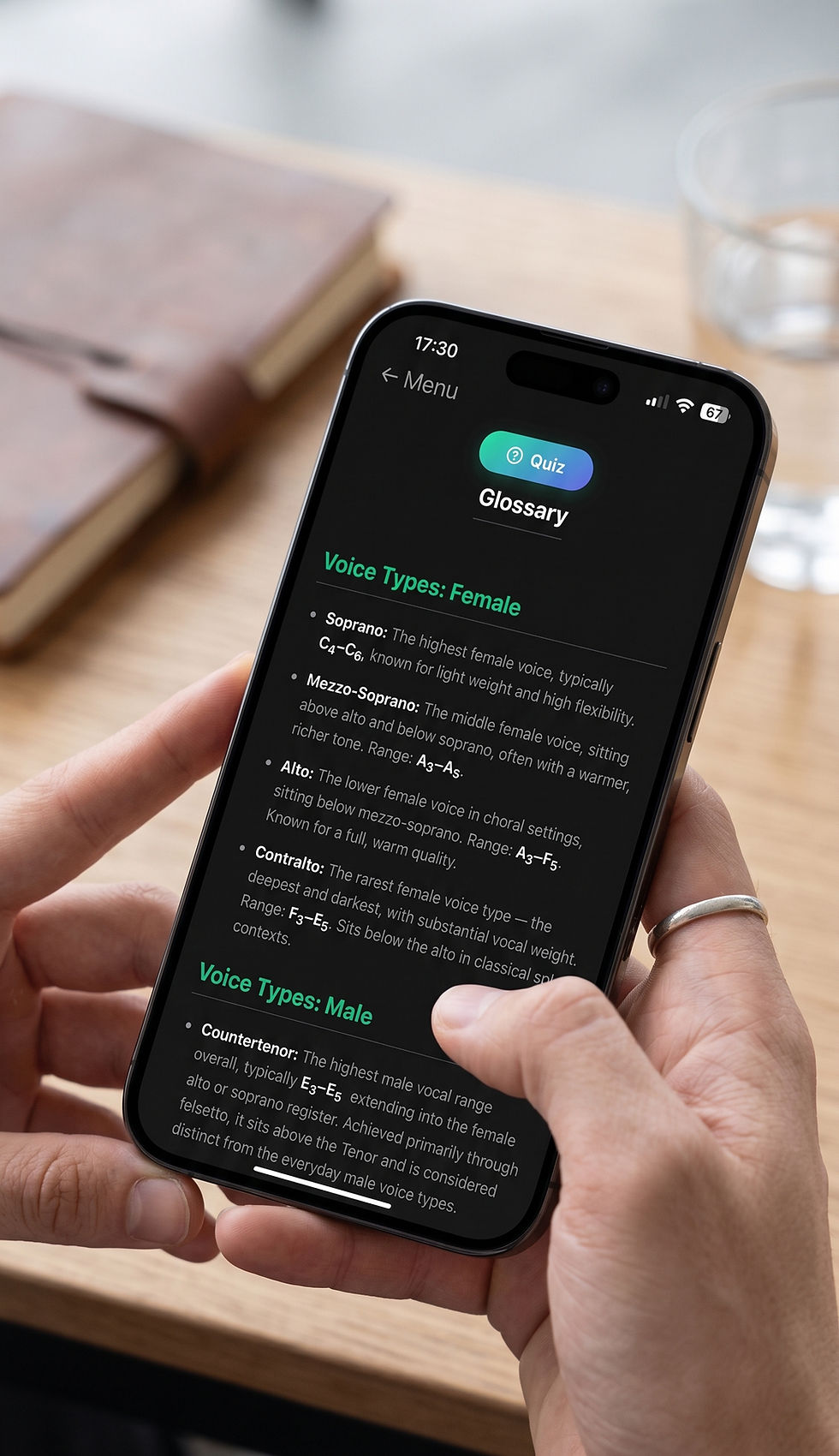 Close-up view of a smartphone screen showing the Voice Up app quiz interface