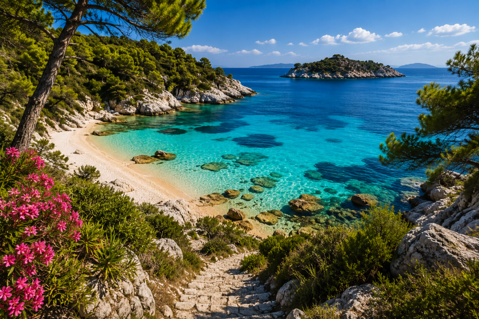 Versteckte Badebucht auf einer europäischen Insel mit kristallklarem Wasser.