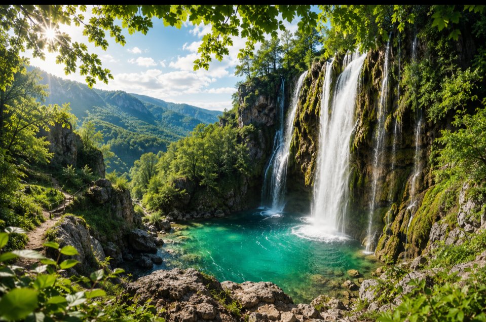 Versteckte Wasserfälle in Europa – türkisfarbener Bergsee mit beeindruckenden Wasserfällen und unberührter Natur