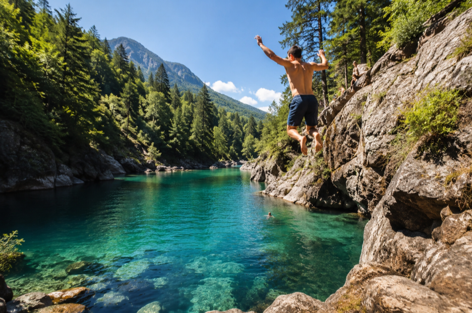 Versteckter Badesee in Europa mit türkisblauem Wasser und Klippenspringen