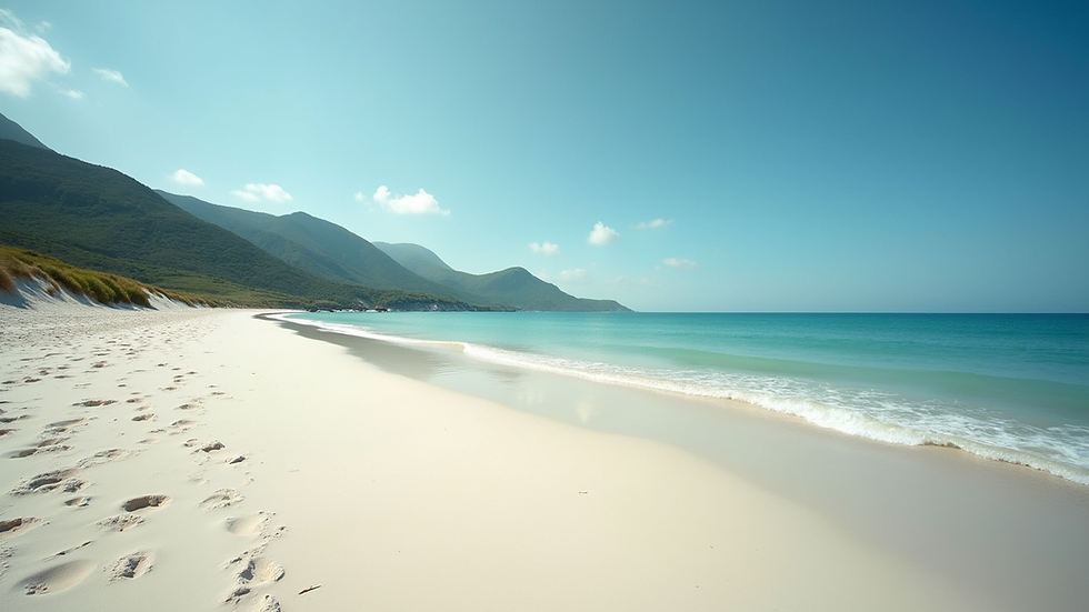 Weitwinkelaufnahme eines einsamen, weißen Sandstrandes mit türkisblauem Wasser und grünen Hügeln im Hintergrund