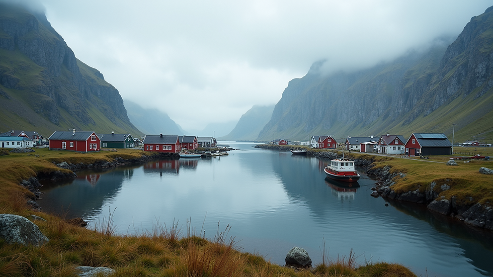 Augenhöhe Blick auf ein ruhiges Fischerdorf in den Lofoten, Norwegen