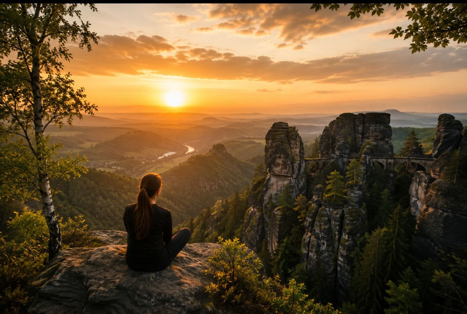 Nationalpark Sächsische Schweiz mit Basteifelsen, Elbtal und beeindruckender Landschaft bei Sonnenuntergang