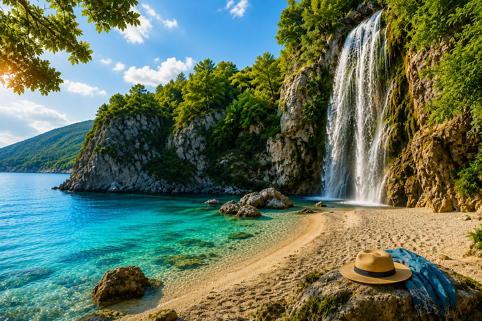 Geheime Reiseziele Europa mit traumhaftem Sandstrand, türkisblauem Meer, beeindruckendem Wasserfall und unberührter Natur – verstecktes Paradies für Naturliebhaber und Urlauber.