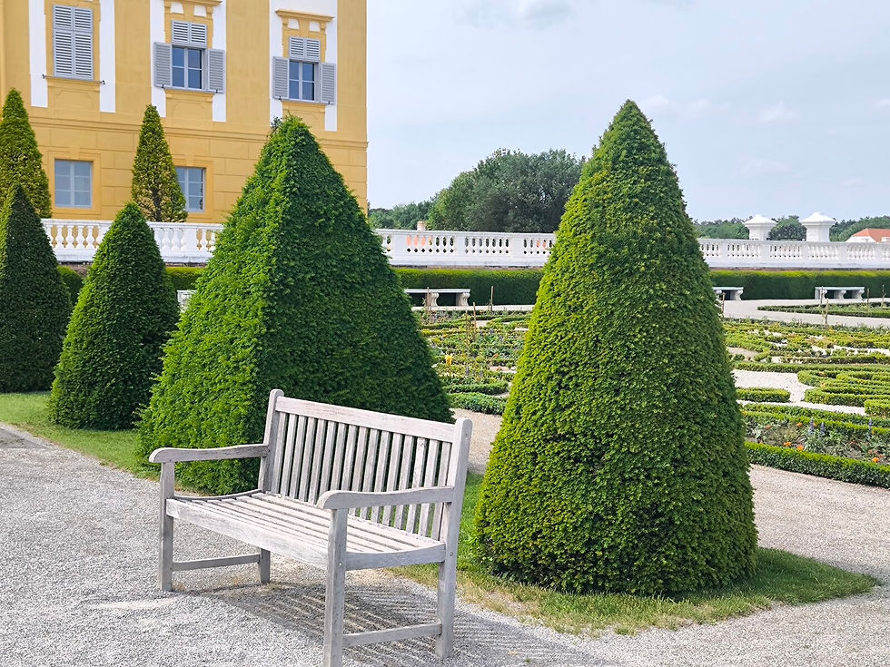 Schloss Hof mit der gelben Schlossfassade und dem angrenzenden Barockgarten in einem Bild
