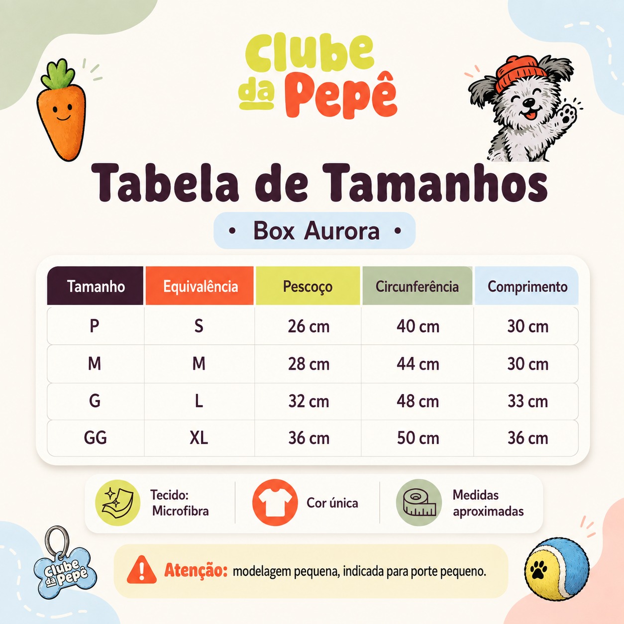 Tabela de tamanhos da Box Aurora com medidas de pescoço, circunferência e comprimento