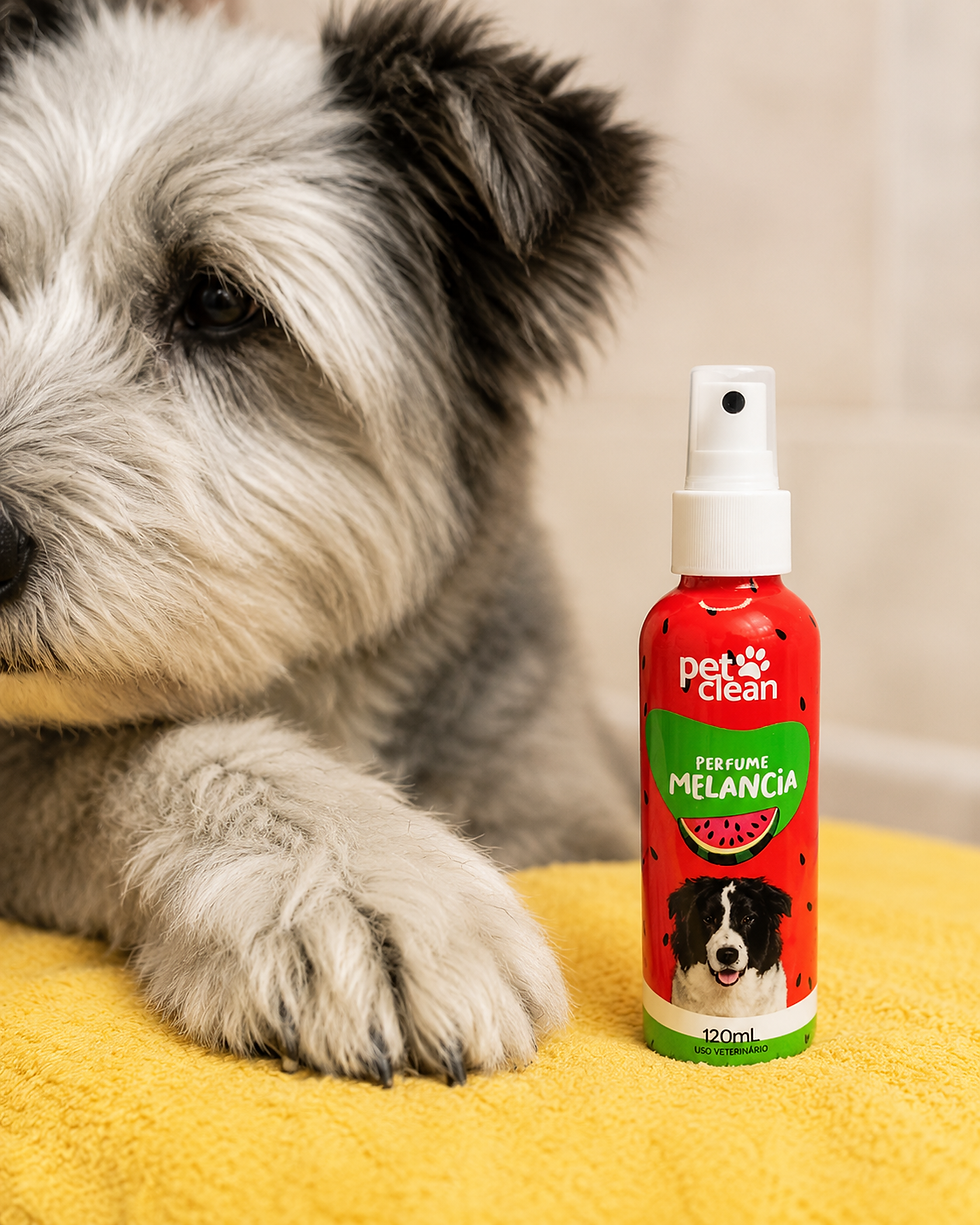 Cachorro peludo cinza e branco deitado em toalha amarela, com frasco vermelho de perfume para cães sabor melancia ao lado, foto em close, formato vertical.