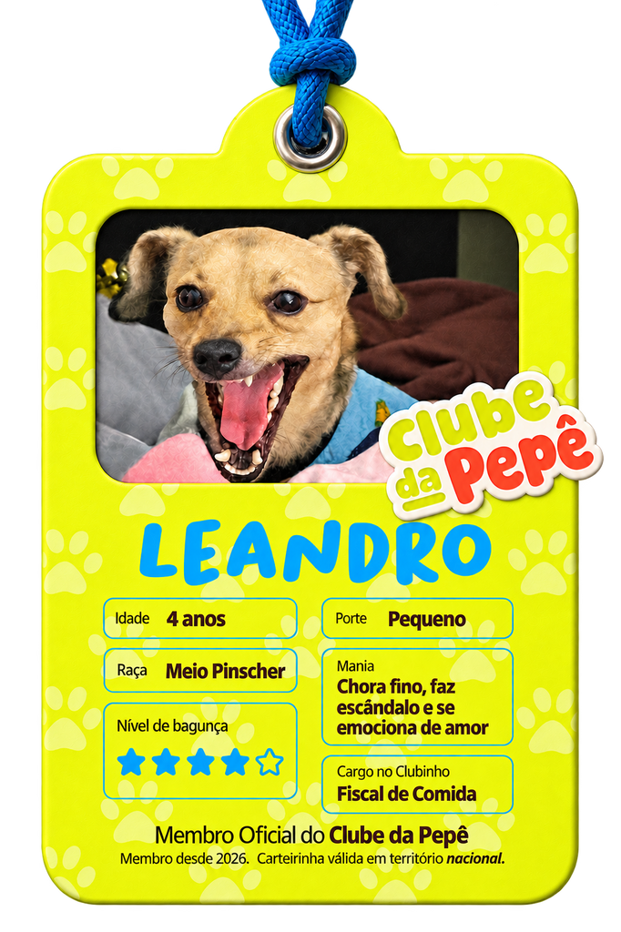 Carteirinha amarela de pet com foto de cachorro pequeno sorrindo