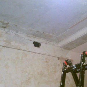 Before—cracked ceiling and wall plaster with exposed lath, Riverdale Bronx NY