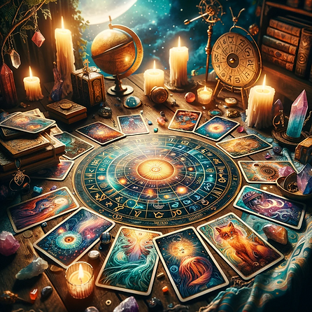 DALL·E 2024-01-08 16.23.41 - A magical and captivating scene of Tarot cards and astrology