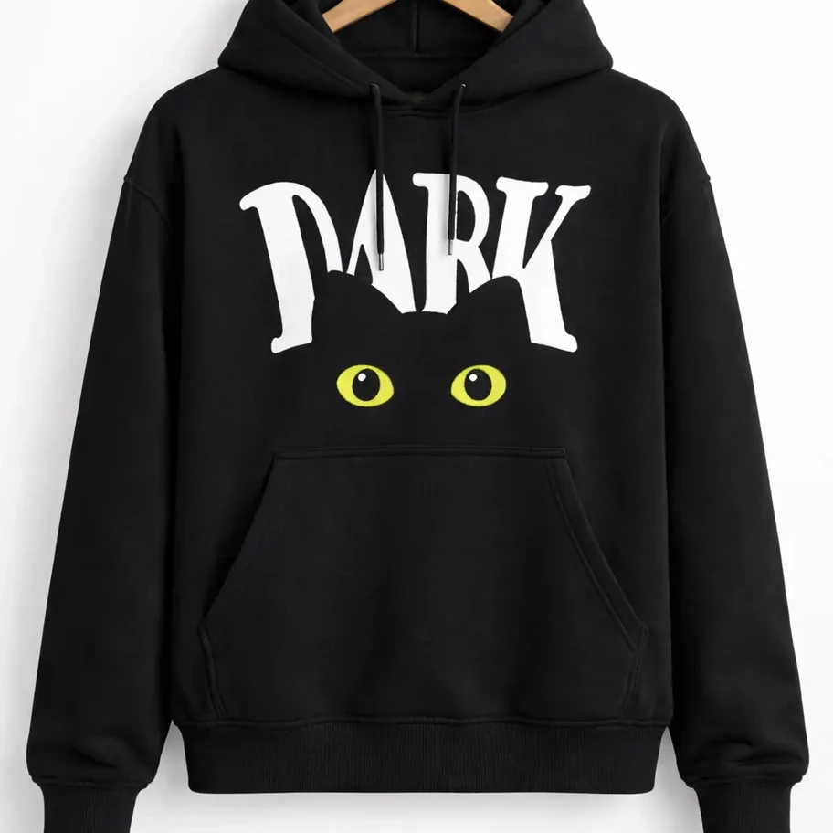 Black hoodie with "DARK" text and green cat eyes on hanger.