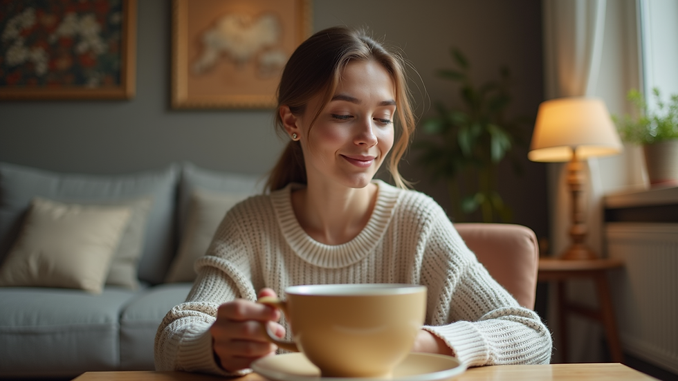 Eye-level view of a peaceful woman sitting in a cozy room with a cup of tea