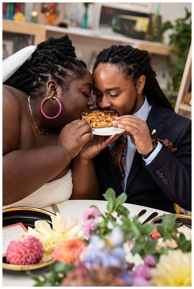Bride and Groom enjoy sweet waffle at micro wedding