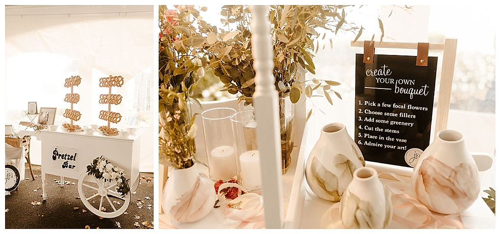 Pretzel bar and close up of flower bar options of Jo's Event Carts