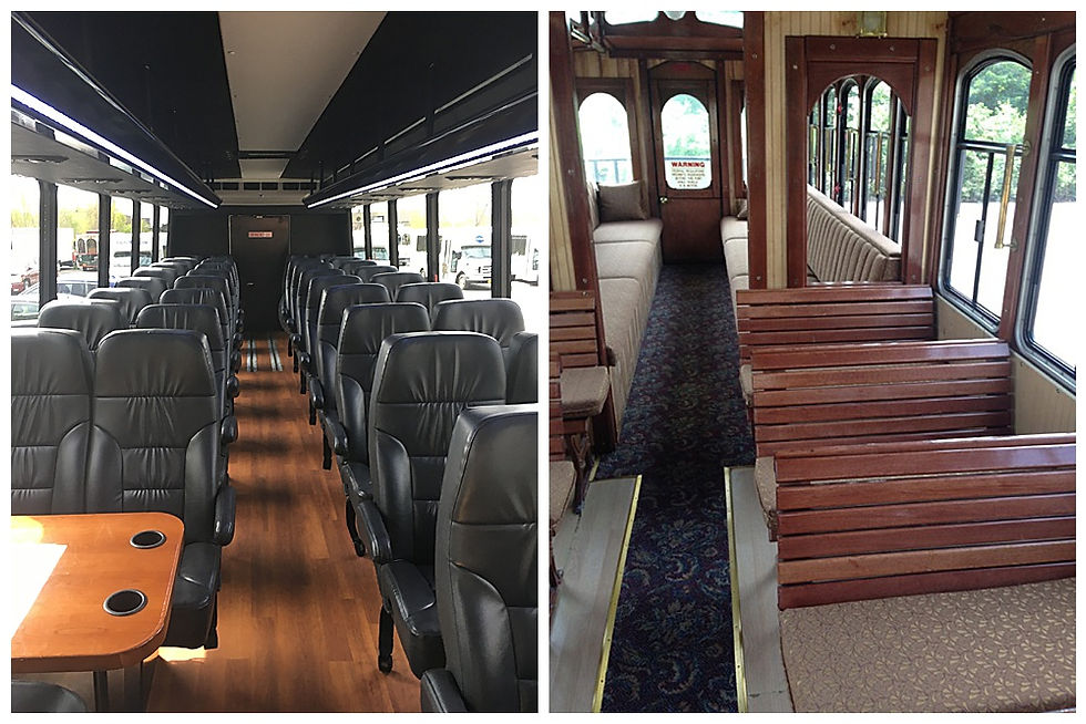 Inside the Gray Line Transportation: mini coach offers modern leather interior and Buffalo Trolleys offers vintage wood