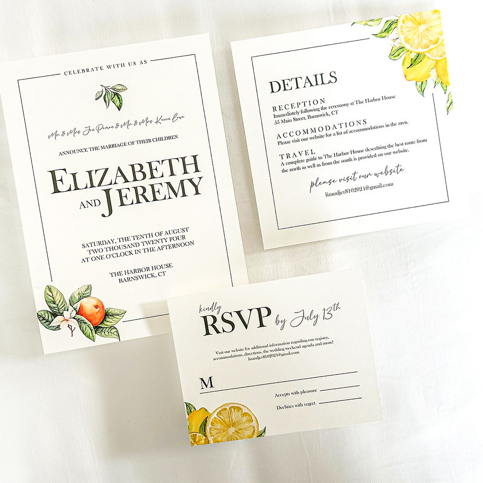 citrus themed wedding invitation suite with simple font