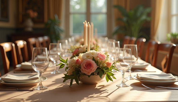 Close-up view of a beautifully decorated event table with floral centerpiece in Singapore