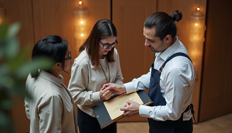 High angle view of a Singapore event planner coordinating with vendors at a venue