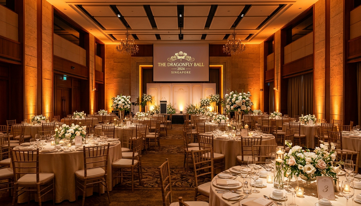 Wide-angle view of a warmly lit event hall with uplights and soft stage lighting.