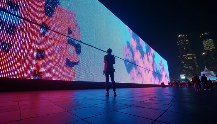 Eye-level view of a brightly lit LED wall displaying colorful patterns at a night festival in Singapore