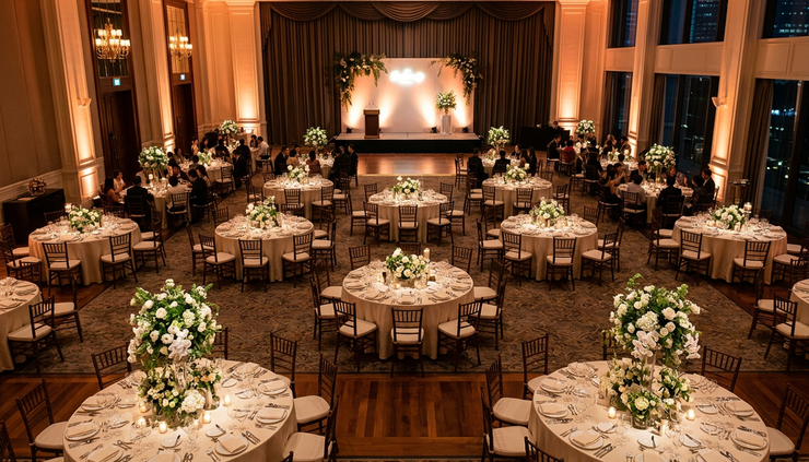 Overhead view of a finished banquet setup with warm uplighting and a softly lit stage.