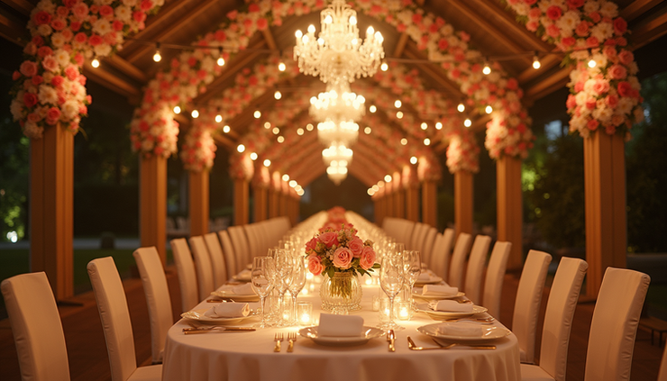 Eye-level view of elegant wedding reception with soft warm lighting and floral decorations