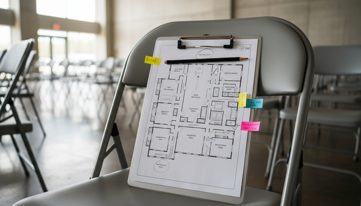 Close-up view of a printed floor plan held on a clipboard inside an empty venue