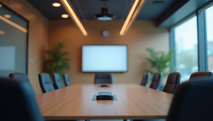 Eye-level view of a modern conference room with AV equipment setup