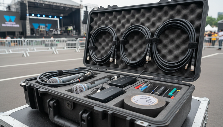 Close-up view of labelled cables and wireless microphones in a hard equipment case