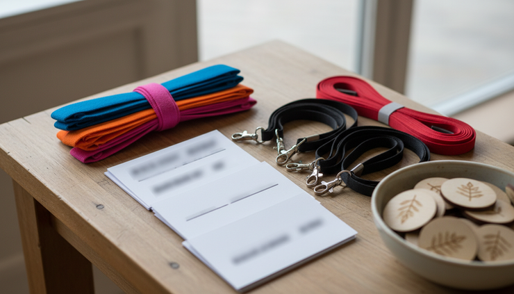 Close-up view of colourful event wristbands and name cards arranged beside a registration table without people.