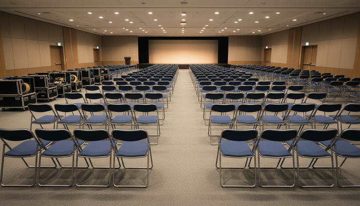 Wide-angle view of an empty conference hall being prepared with rows of chairs and soft lighting