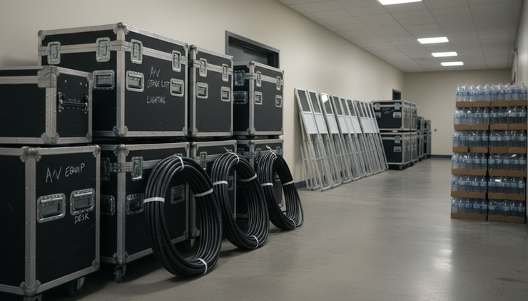 Eye-level view of labeled event crates and neatly coiled cables in a quiet venue corridor