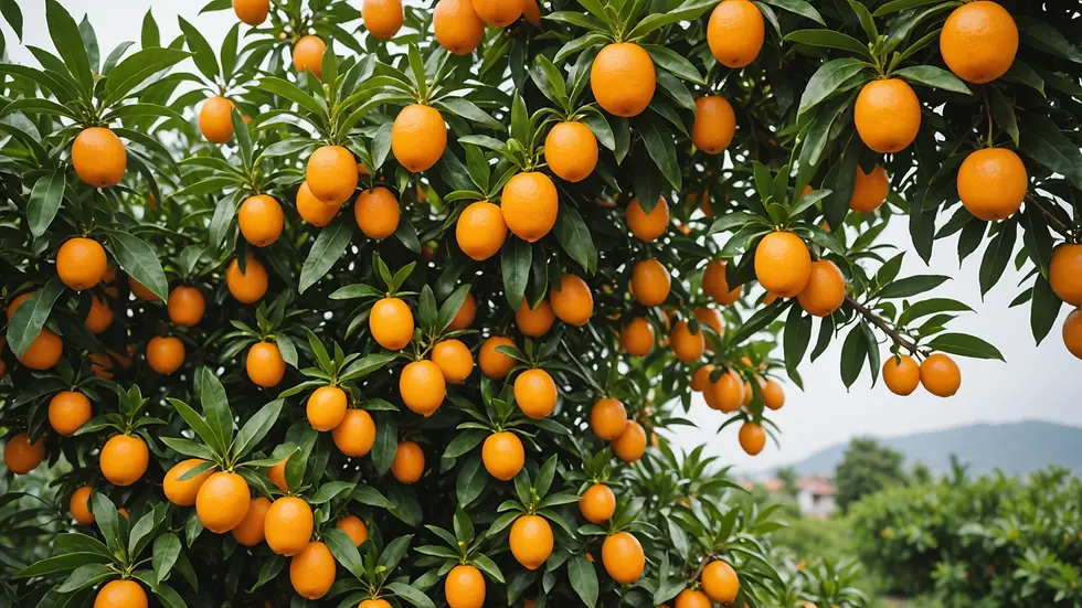 Eye-level view of a lush kumquat tree decorated for celebrations