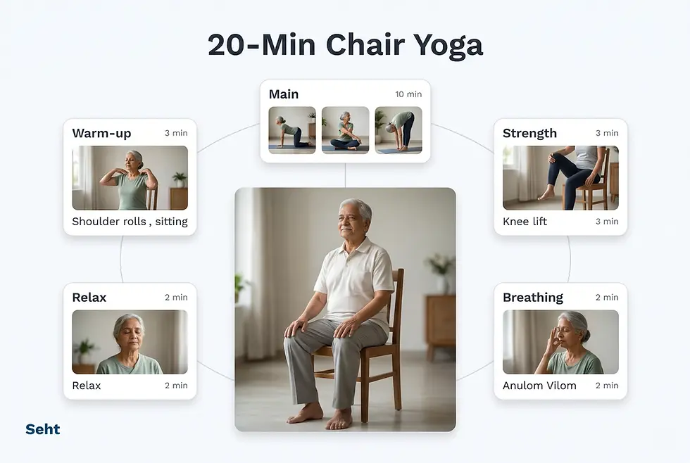 Elderly man seated for chair yoga. Surrounding images show various exercises: warm-up, main, strength, breathing, and relaxation. Text: 20-Min Chair Yoga. Track on Seht