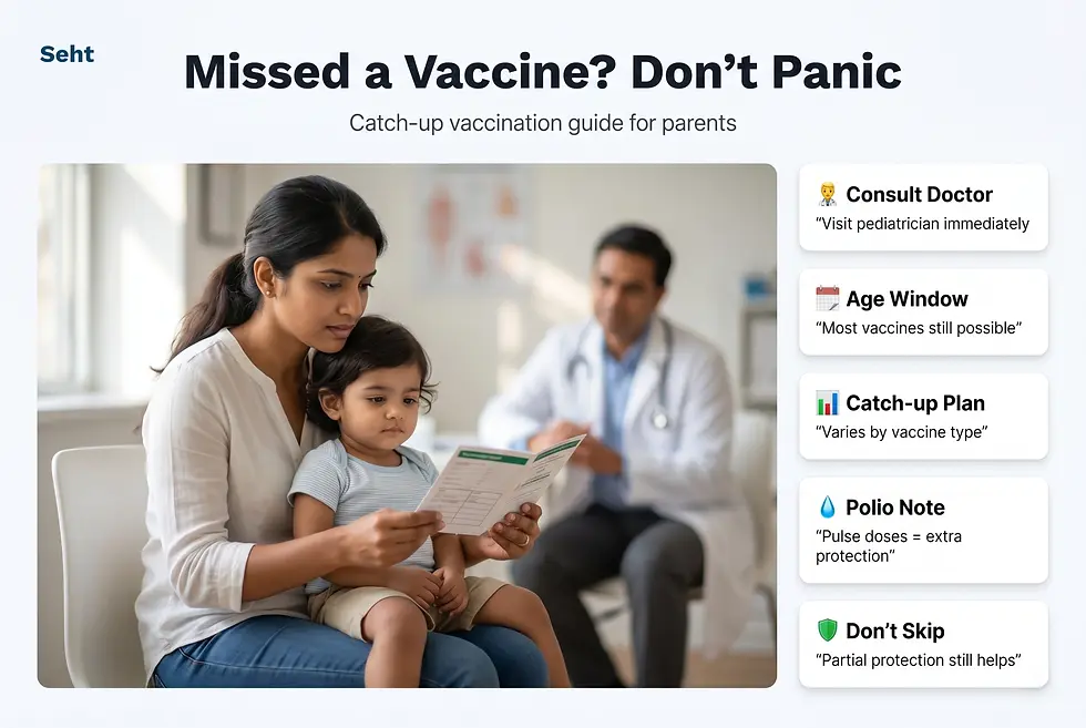 Mother reads vaccination pamphlet with child on lap; doctor in background. Text: "Missed a Vaccine? Don't Panic. Consult Doctor." Track on Seht app