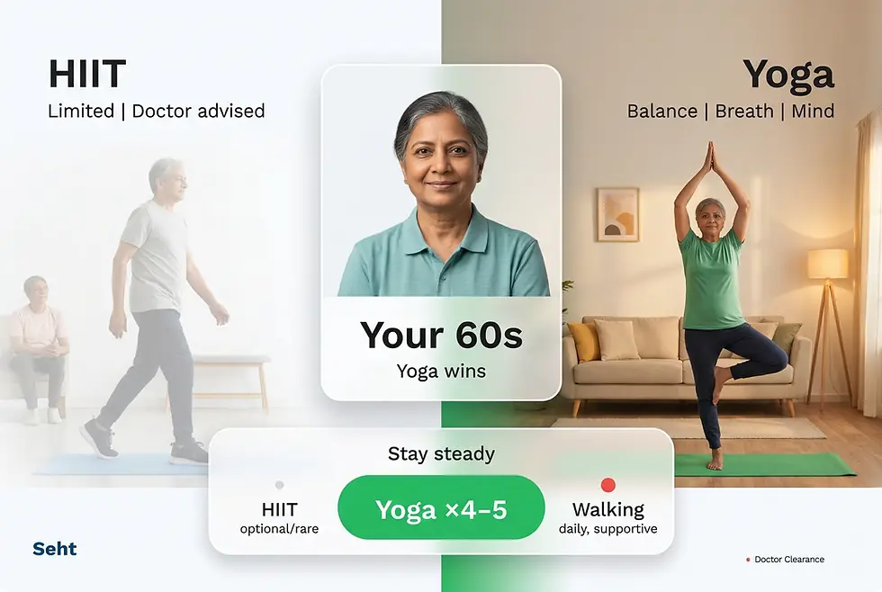 Older adults engage in yoga and walking. Text: Yoga recommended in your 60s. Background: cozy living room. Mood: balanced and calm. track on Seht