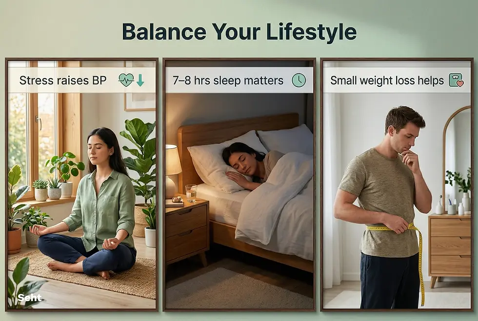 A woman meditates, another sleeps, and a man measures his waist. "Balance Your Lifestyle." Emphasizes stress, sleep, weight. Seht