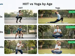 People of different ages perform HIIT and yoga outdoors, labeled by age group: 20s, 40s, 60s. Text highlights best exercise by age. Track on Seht