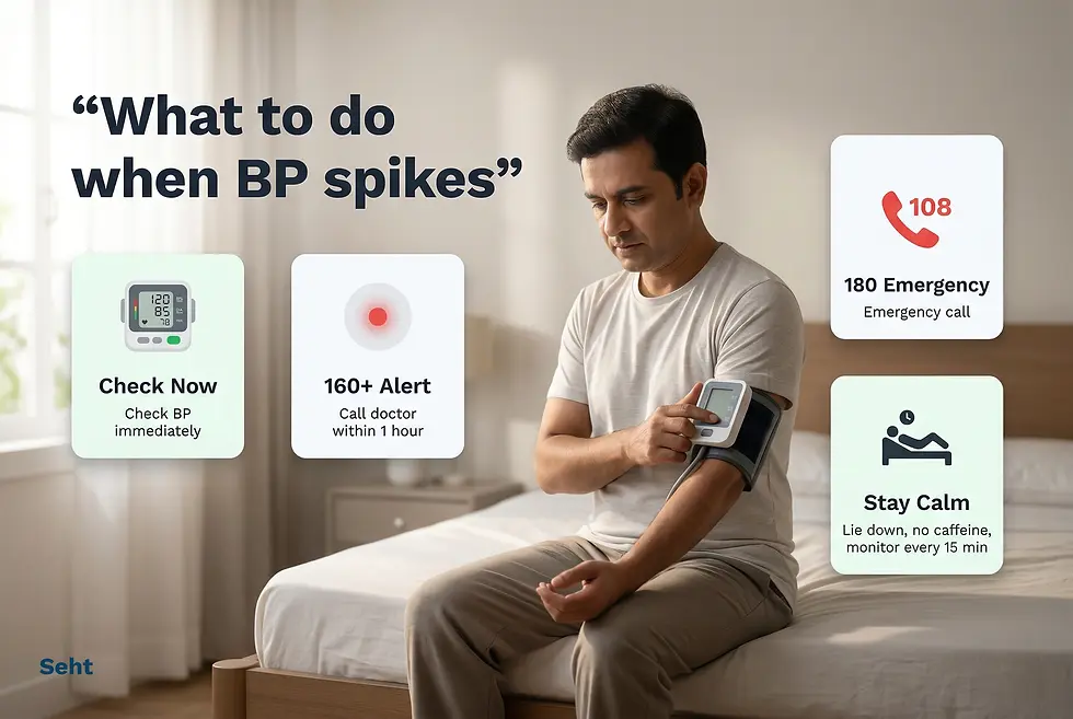 Man checking blood pressure with monitor in bedroom. Text: "What to do when BP spikes." Tips: Check now, 160+ alert, 180 emergency, stay calm. Track on Seht