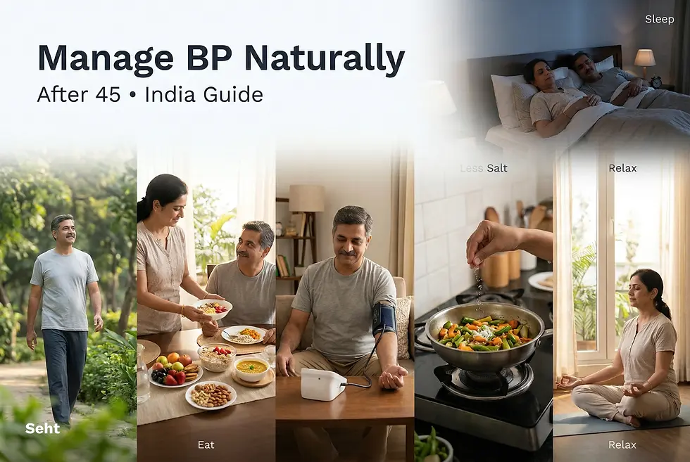 Man and woman managing BP naturally: walking, eating healthy, measuring BP, cooking with less salt, relaxing, sleeping. "Manage BP Naturally." Track on Seht