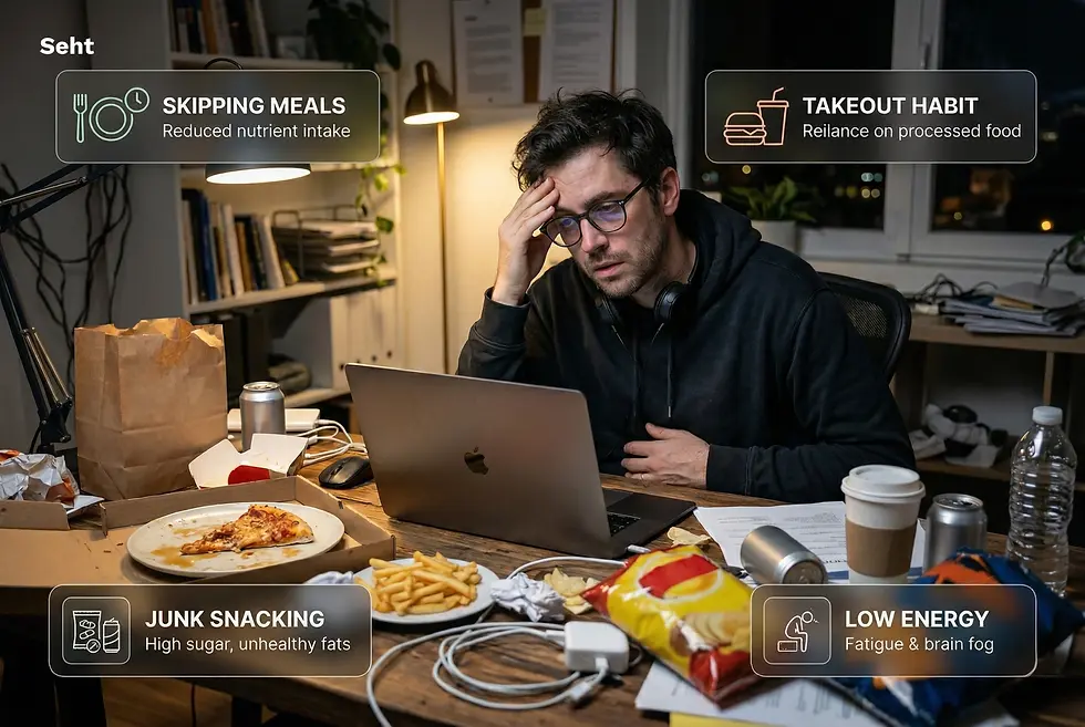 Man looking tired at a laptop in a cluttered home office. Surrounding junk food and screens highlight habits: skipping meals, takeout, low energy.