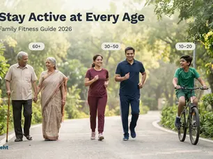 People of all ages engaging in outdoor exercise: walking, jogging, and cycling on a tree-lined path. Text: "Stay Active at Every Age." Track on Seht